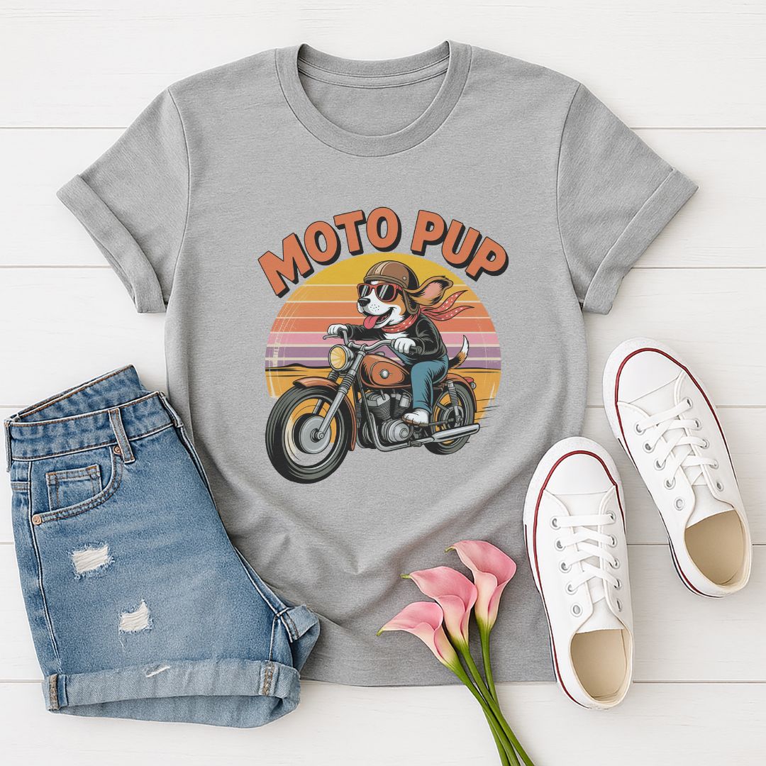 Sport Gray Gildan 6400 unisex t-shirt with retro dog graphic and ‘Moto Pup text, perfect for dog lovers.