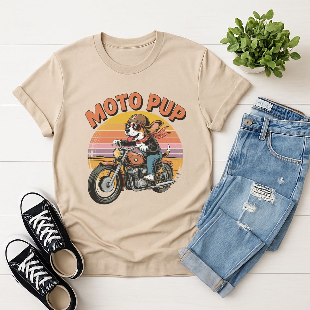 Sand Beige Gildan 6400 unisex t-shirt with retro dog graphic and ‘Moto Pup text, perfect for dog lovers.