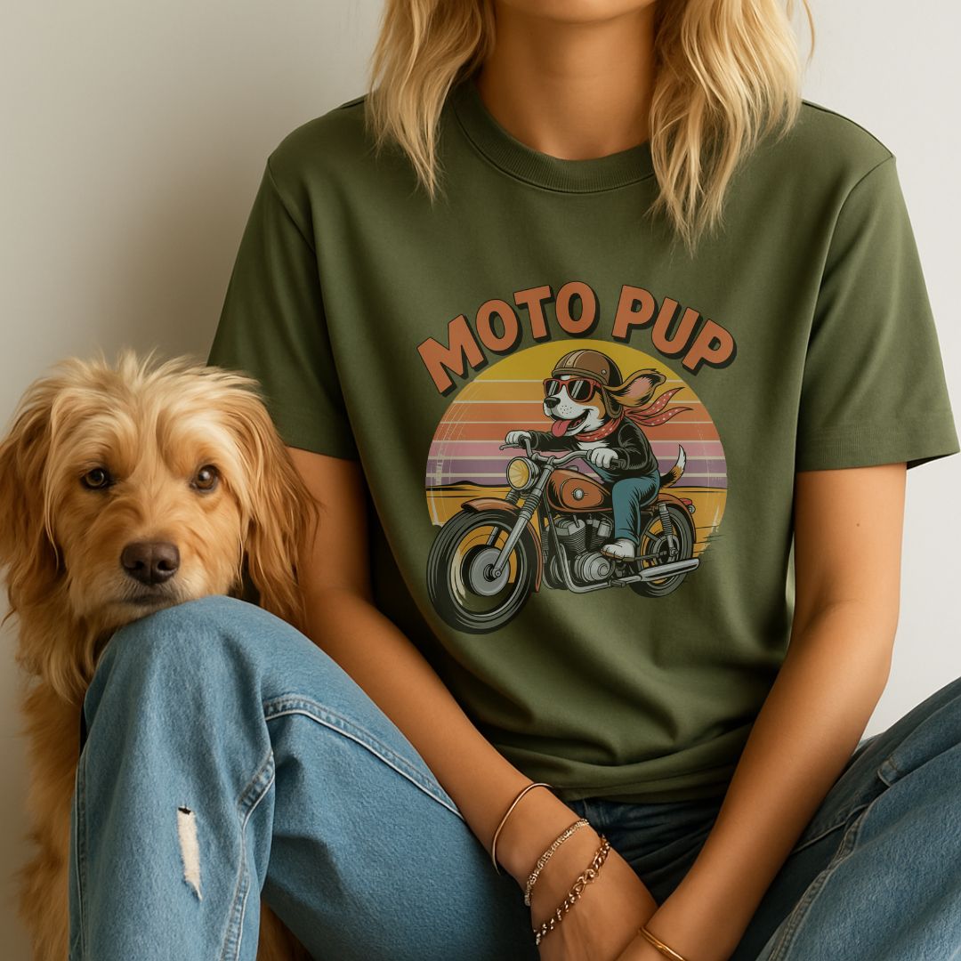 Military Green unisex t-shirt with retro dog graphic and ‘Moto Pup text, perfect for dog lovers.