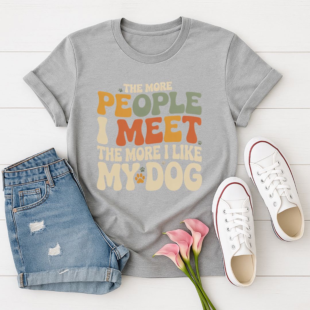 Sport Gray Gildan 6400 unisex t-shirt with retro dog graphic and ‘The More People I Meet The More I Like My Dog’ text, perfect for dog lovers.