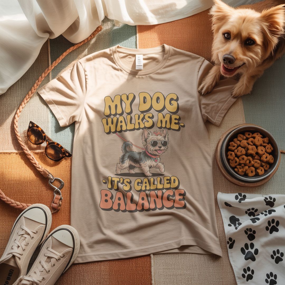 Sand Beige Gildan 6400 unisex t-shirt with retro dog graphic and ‘My Dog Walk Me - It's Called Balance' text, perfect for dog lovers.