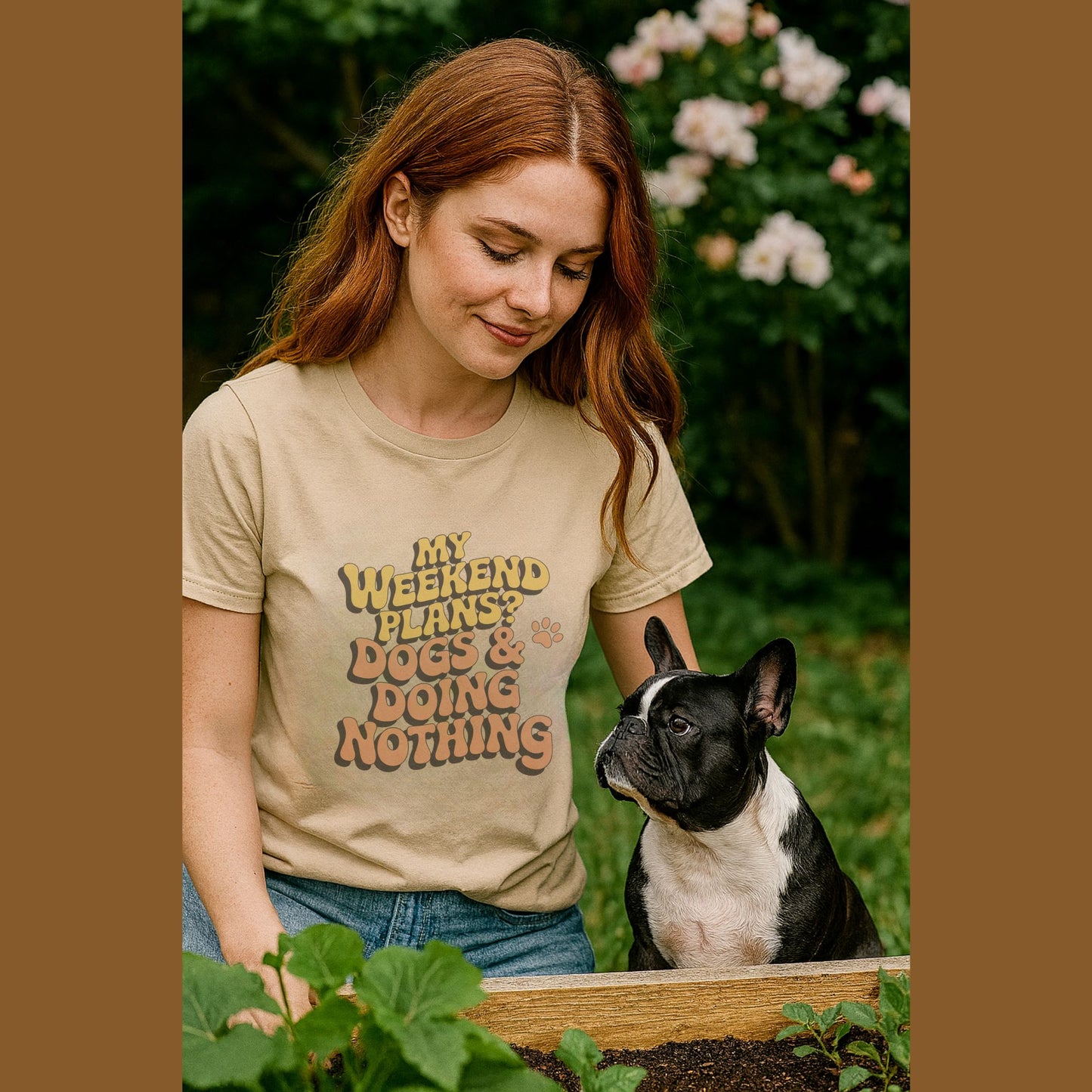 Sand Beige unisex t-shirt with retro dog graphic and ‘My Weekend Plans? Dogs & Doing Nothing’ text, perfect for dog lovers.