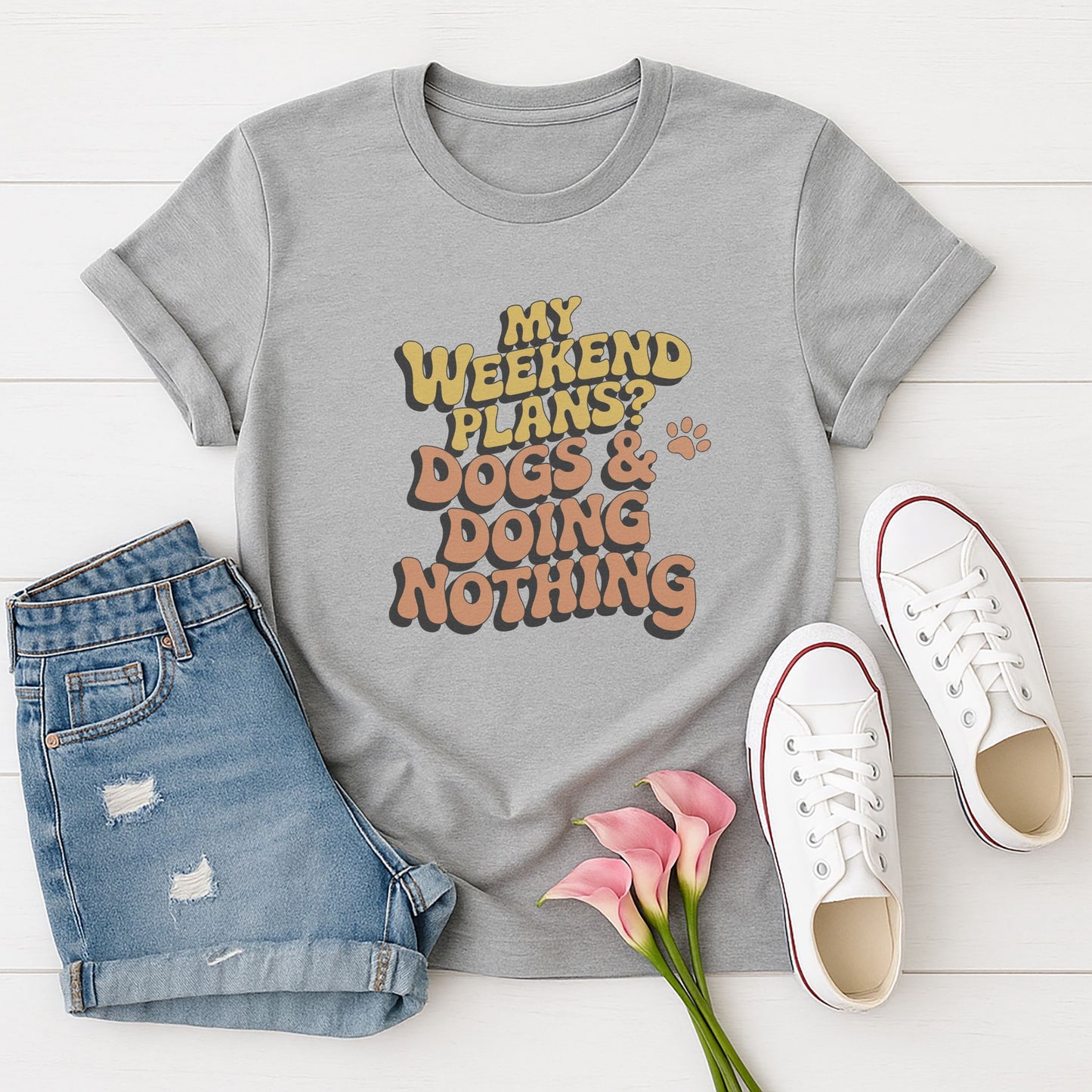Sport Gray Gildan 6400 unisex t-shirt with retro dog graphic and ‘My Weekend Plans? Dogs & Doing Nothing’ text, perfect for dog lovers.