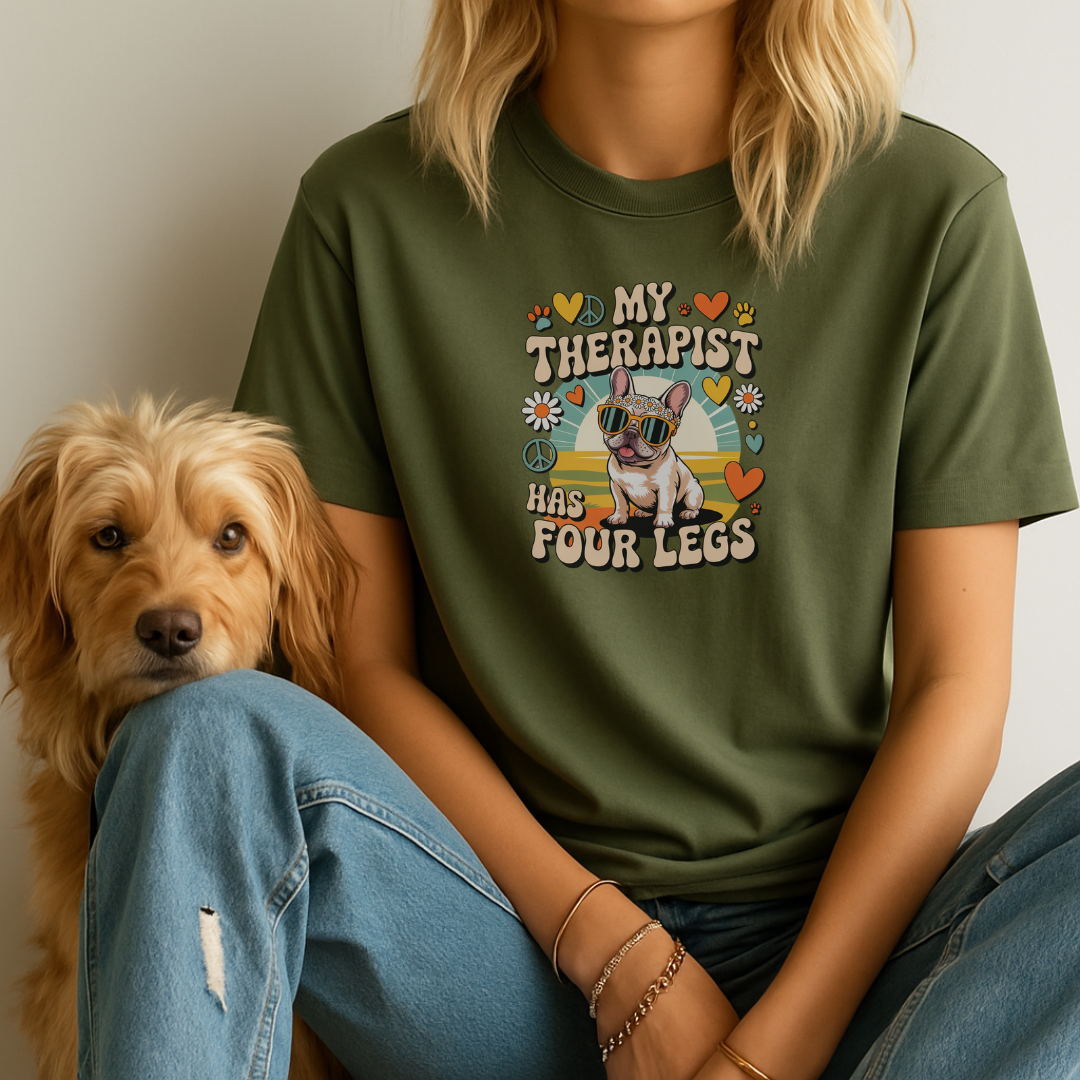 Woman wearing a green t-shirt with a dog graphic and text that says "My Therapist Has Four Legs", sitting next to a dog.