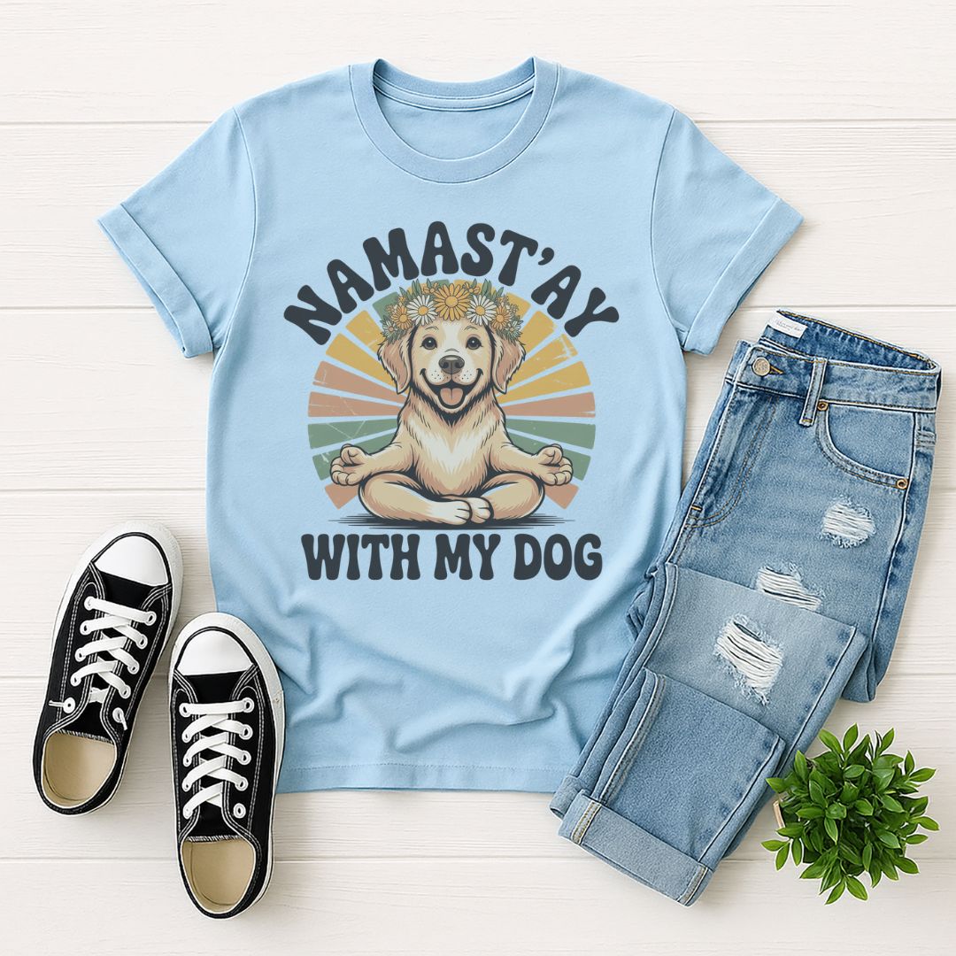 Light Blue Gildan 6400 unisex t-shirt with retro dog graphic and ‘Namast'ay With My Dog text, perfect for dog lovers.