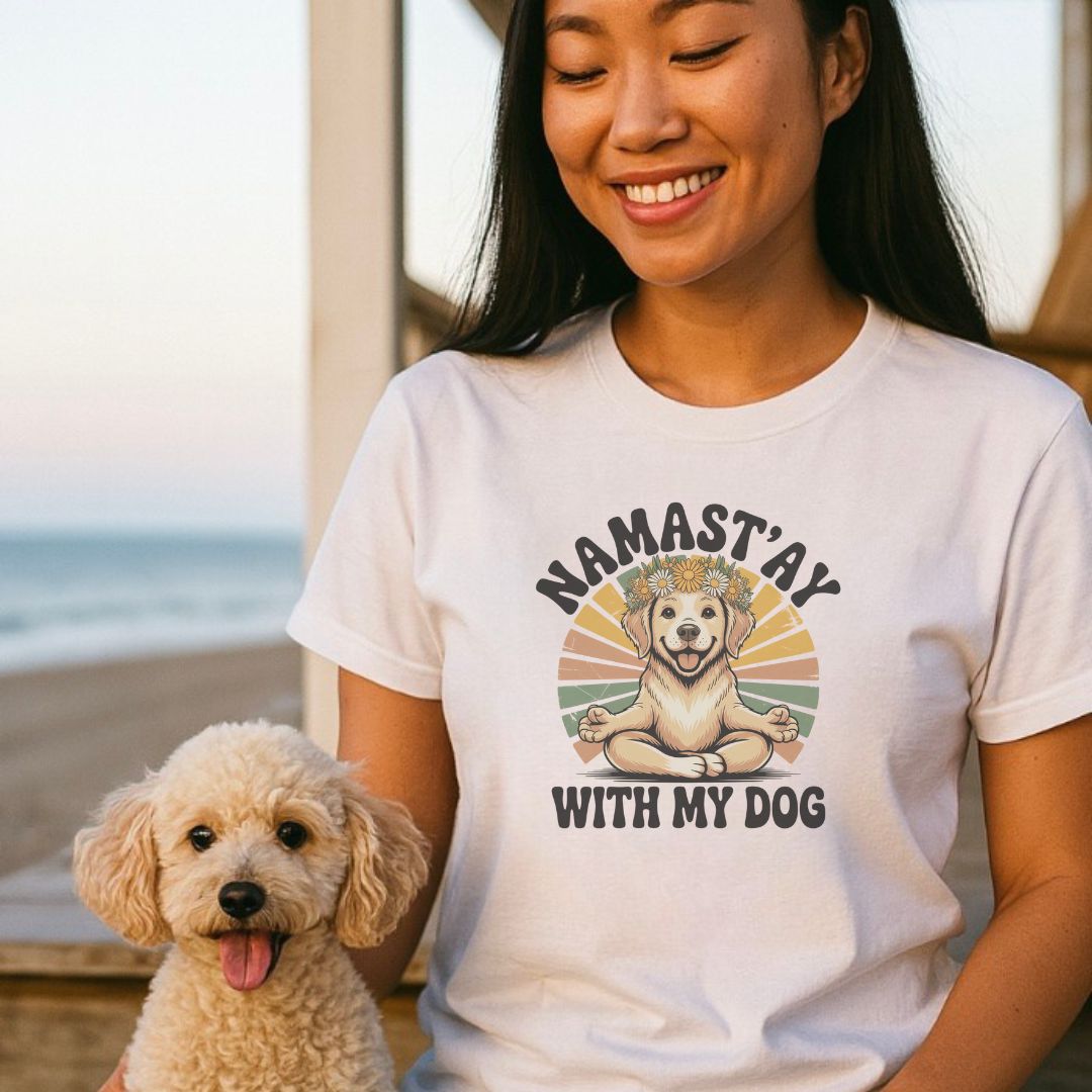 Unisex t-shirt with retro dog graphic and ‘Namast'ay With My Dog text, perfect for dog lovers.