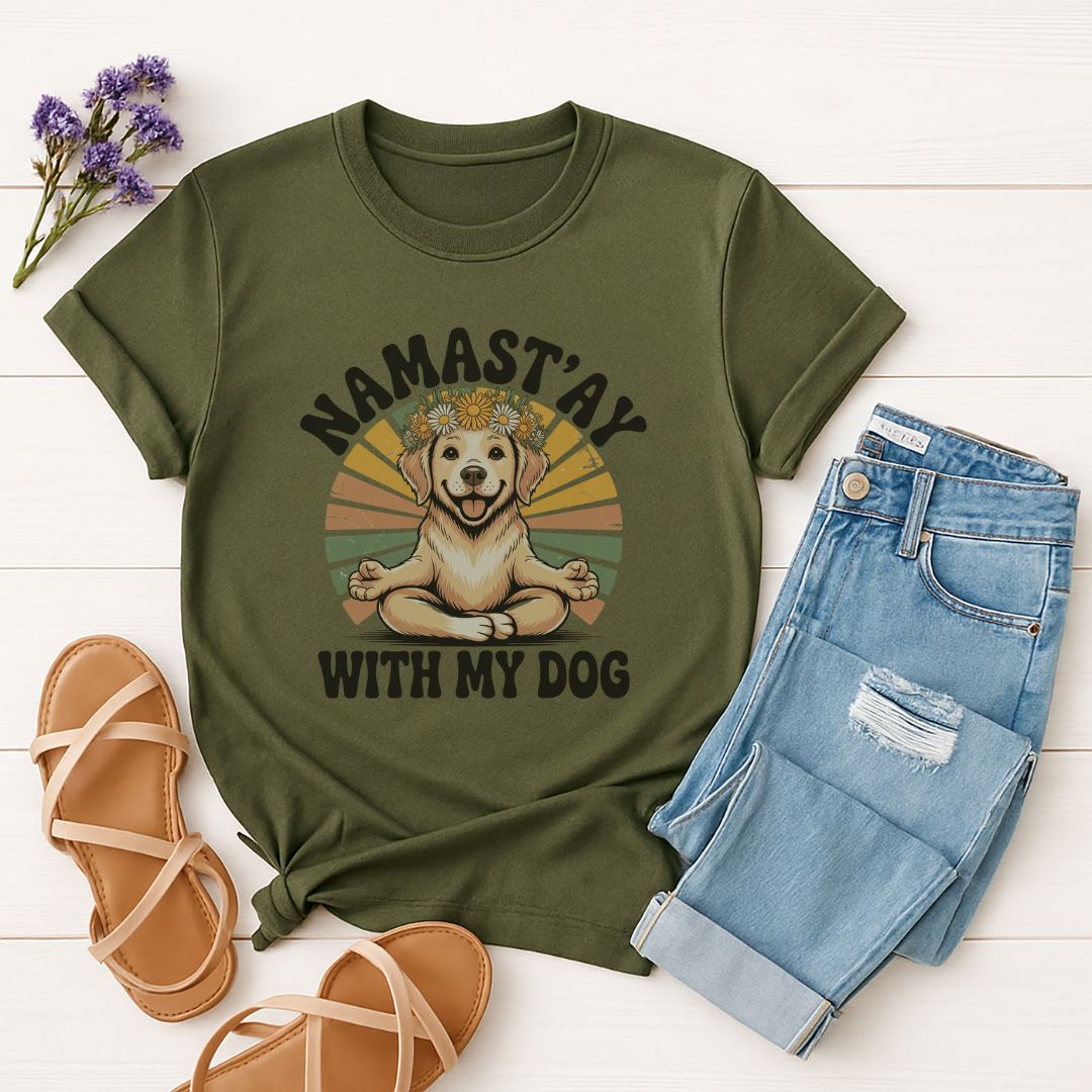 Military Green Gildan 6400 unisex t-shirt with retro dog graphic and ‘Namast'ay With My Dog text, perfect for dog lovers.
