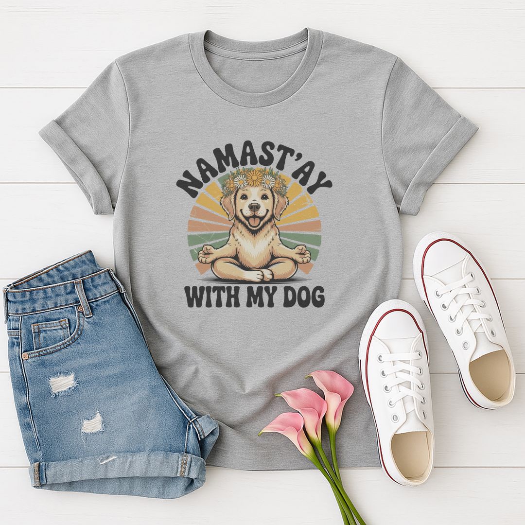 Sport Gray Gildan 6400 unisex t-shirt with retro dog graphic and ‘Namast'ay With My Dog text, perfect for dog lovers.