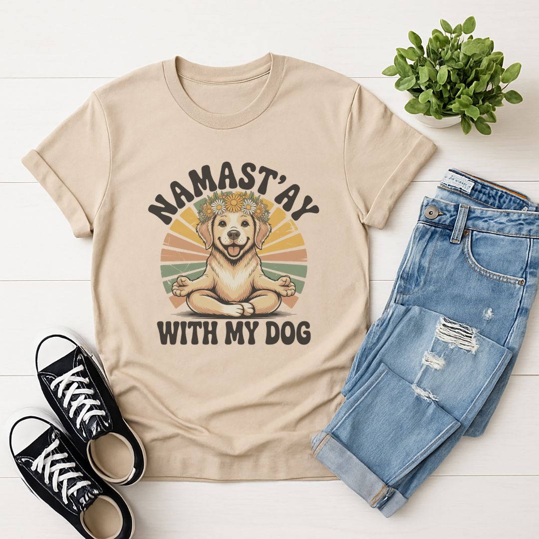 Sand Gildan 6400 unisex t-shirt with retro dog graphic and ‘Namast'ay With My Dog text, perfect for dog lovers.
