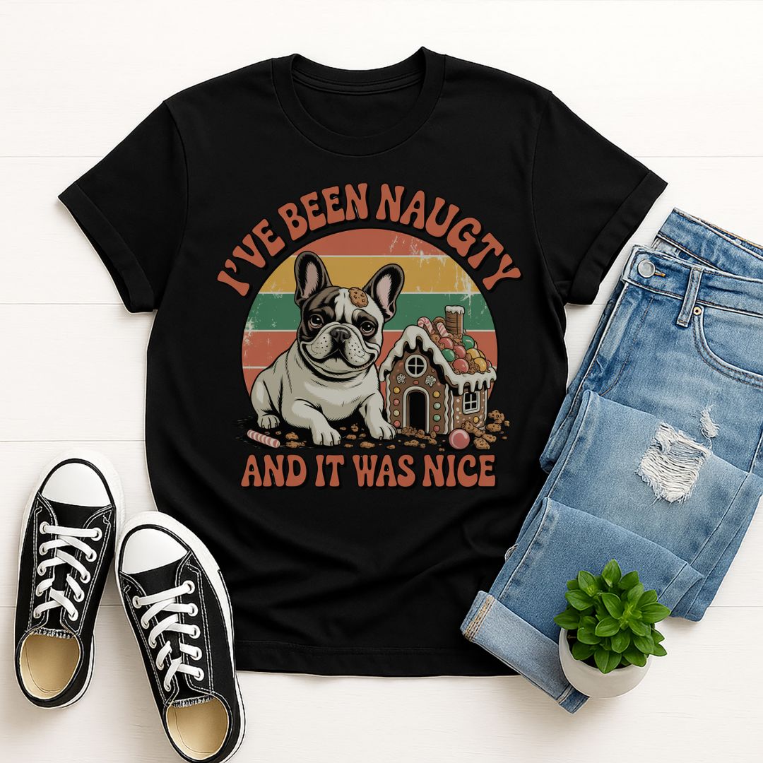 Black Gildan 6400 unisex t-shirt with retro dog graphic and ‘I've Been Naughty And It Was Nice' text, perfect for dog lovers.