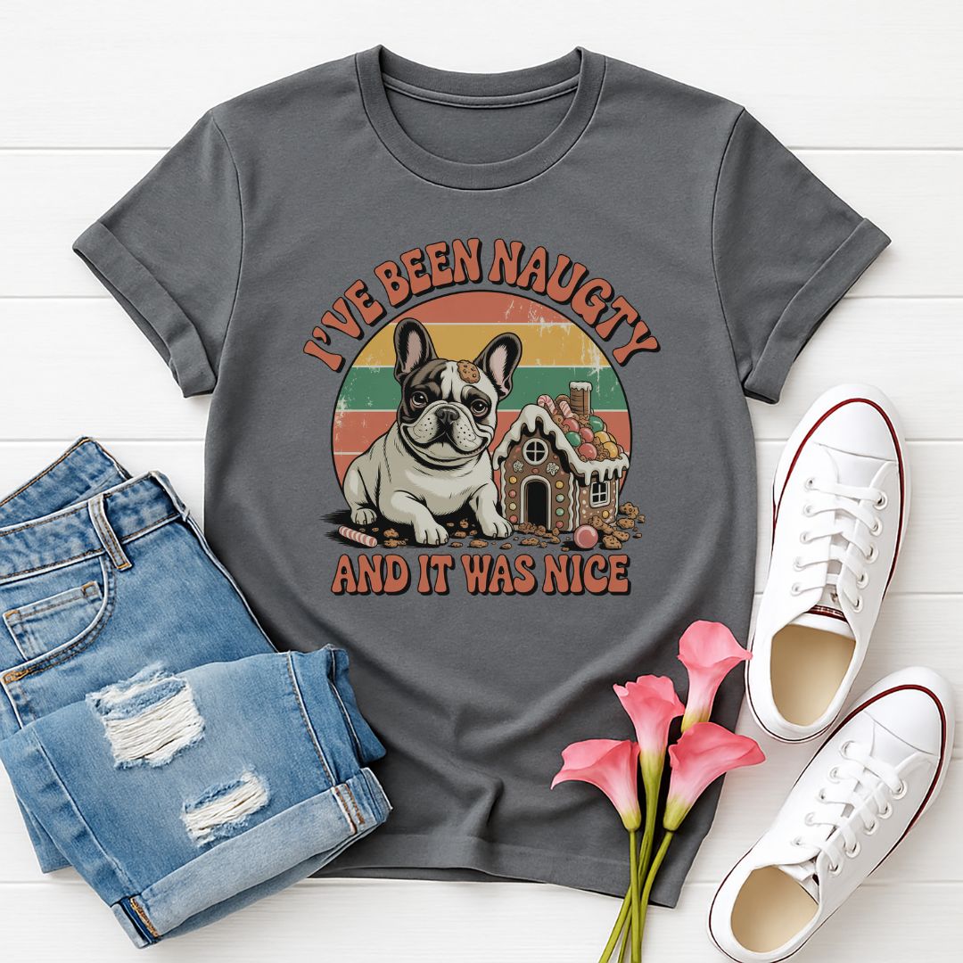 Charcoal Gray Gildan 6400 unisex t-shirt with retro dog graphic and ‘I've Been Naughty And It Was Nice' text, perfect for dog lovers.
