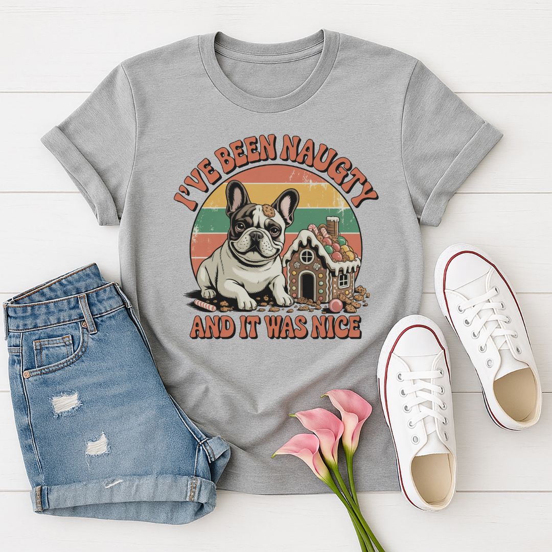 Sport Gray Gildan 6400 unisex t-shirt with retro dog graphic and ‘I've Been Naughty And It Was Nice' text, perfect for dog lovers.
