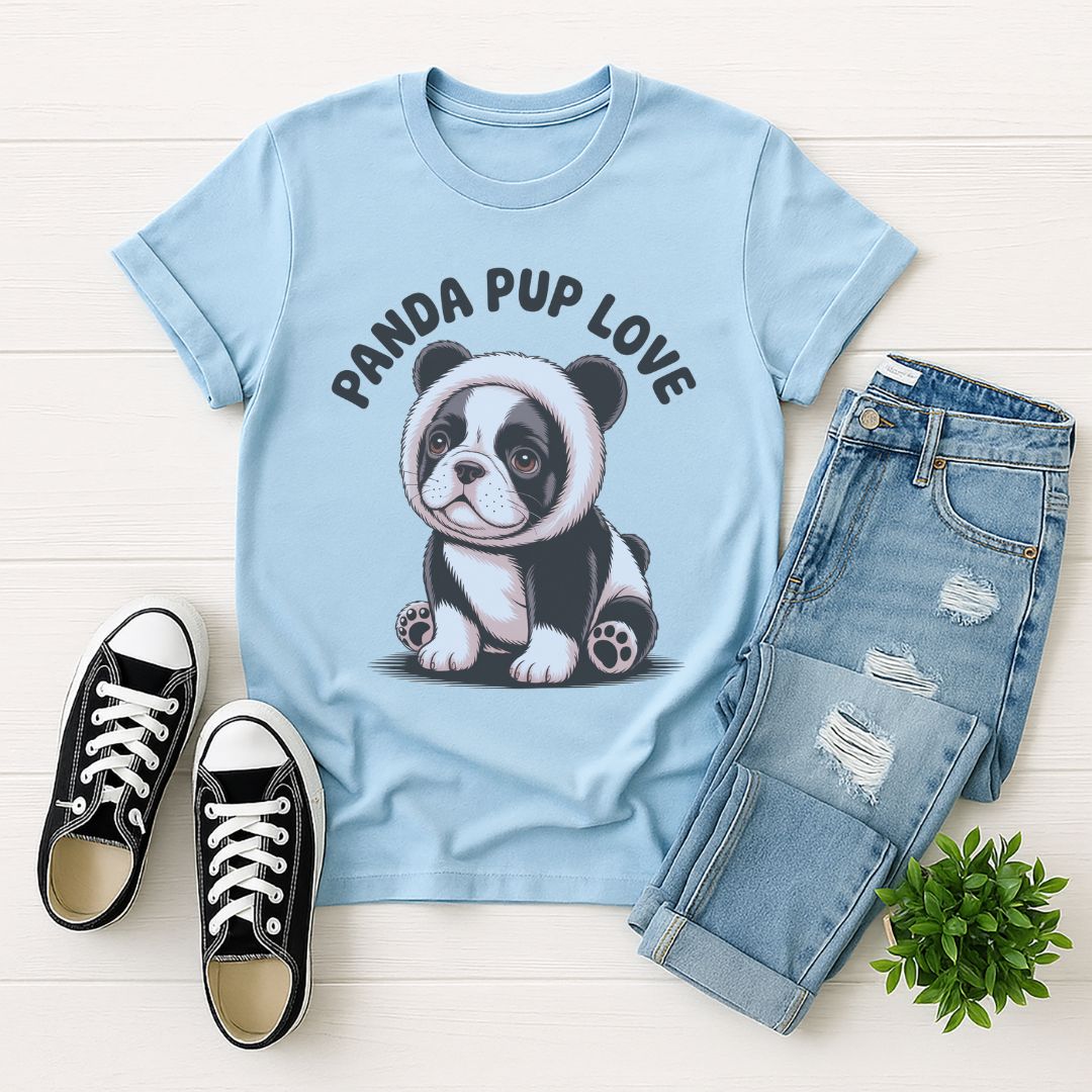 Light Blue Gildan 6400 unisex t-shirt with retro dog graphic and ‘PANDA PUP LOVE’ text, perfect for dog lovers.