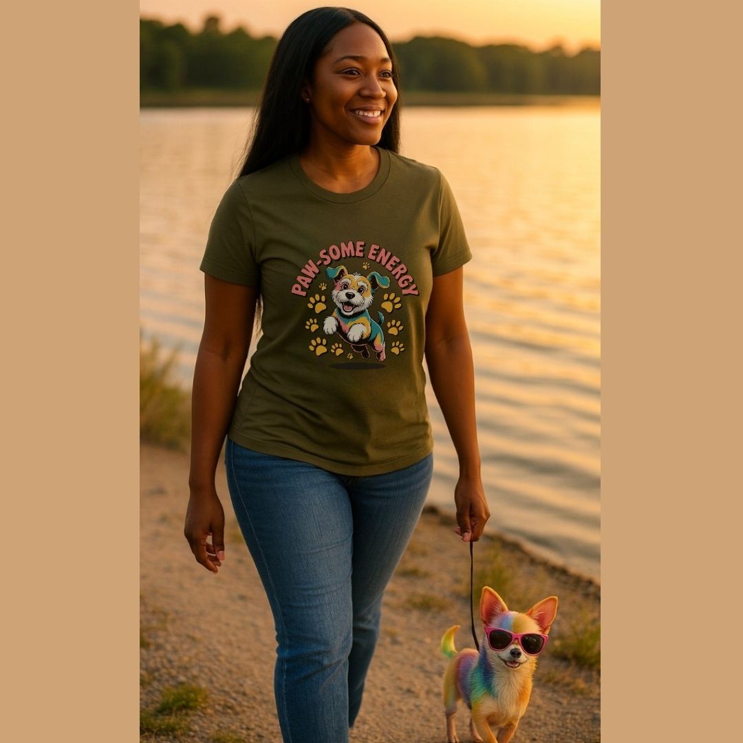Military Green unisex t-shirt with retro dog graphic and βPaw-some Energyβ text, perfect for dog lovers.