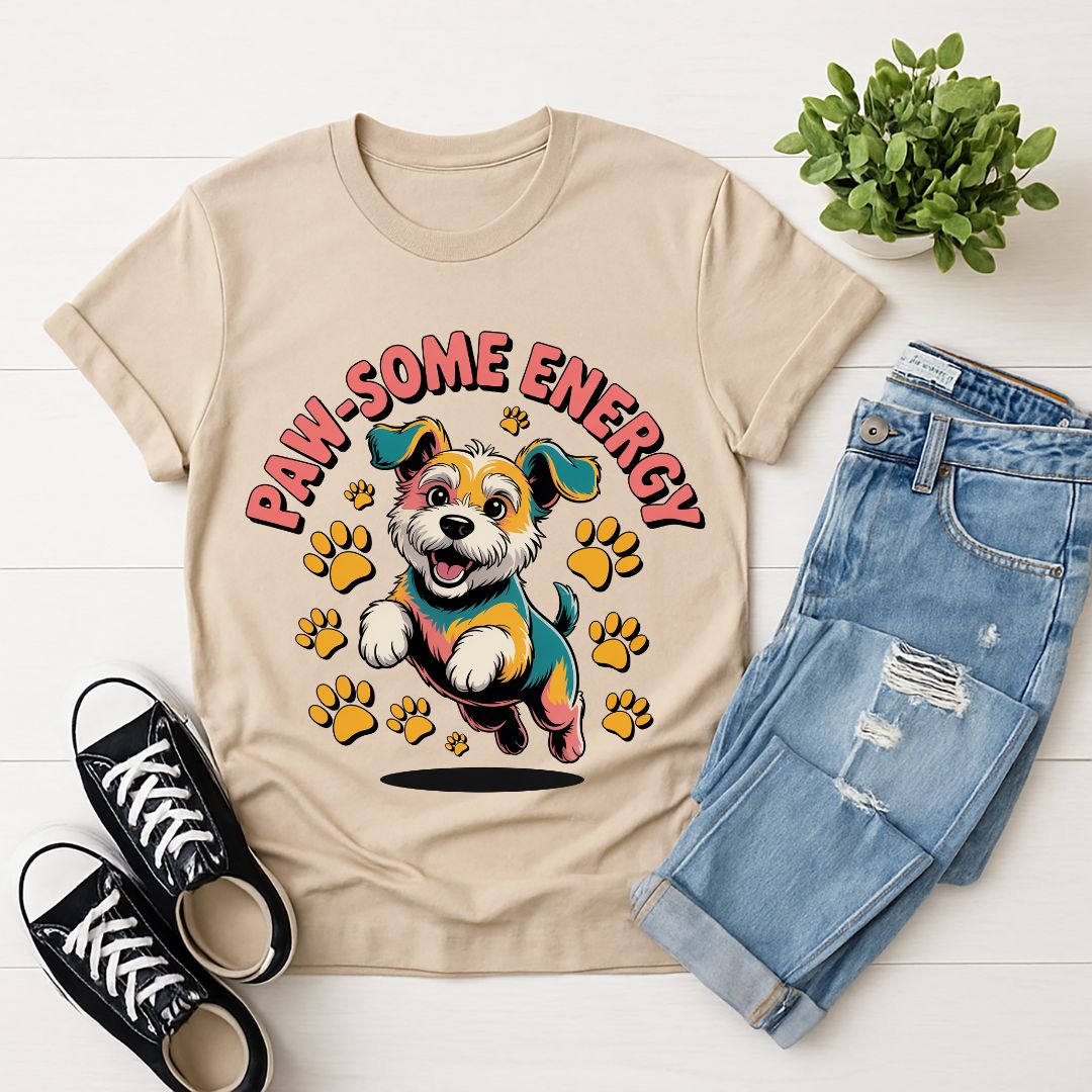 Sand Beige Gildan 6400 unisex t-shirt with retro dog graphic and βPaw-some Energyβ text, perfect for dog lovers.