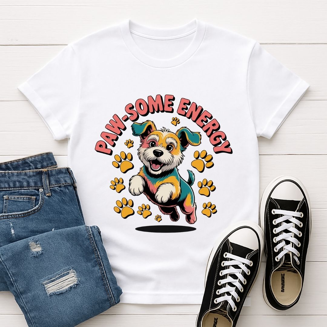 White Gildan 6400 unisex t-shirt with retro dog graphic and βPaw-some Energyβ text, perfect for dog lovers.
