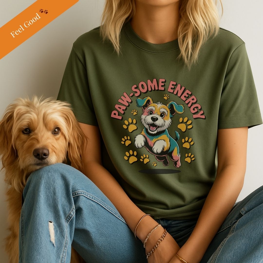 Military Green unisex t-shirt with retro dog graphic and βPaw-some Energyβ text, perfect for dog lovers.
