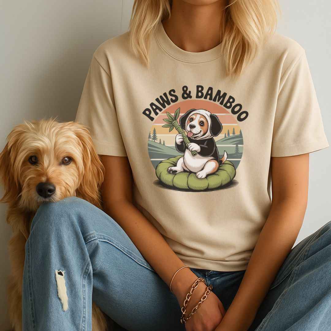 Sand Beige Gildan 6400 unisex t-shirt with retro dog graphic and βPaws & Bambooβ text, perfect for dog lovers.