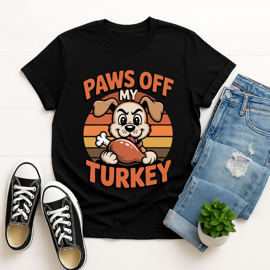 Black Gildan 6400 unisex t-shirt with retro dog graphic and ‘Paws Off My Turkey’ text, perfect for dog lovers.