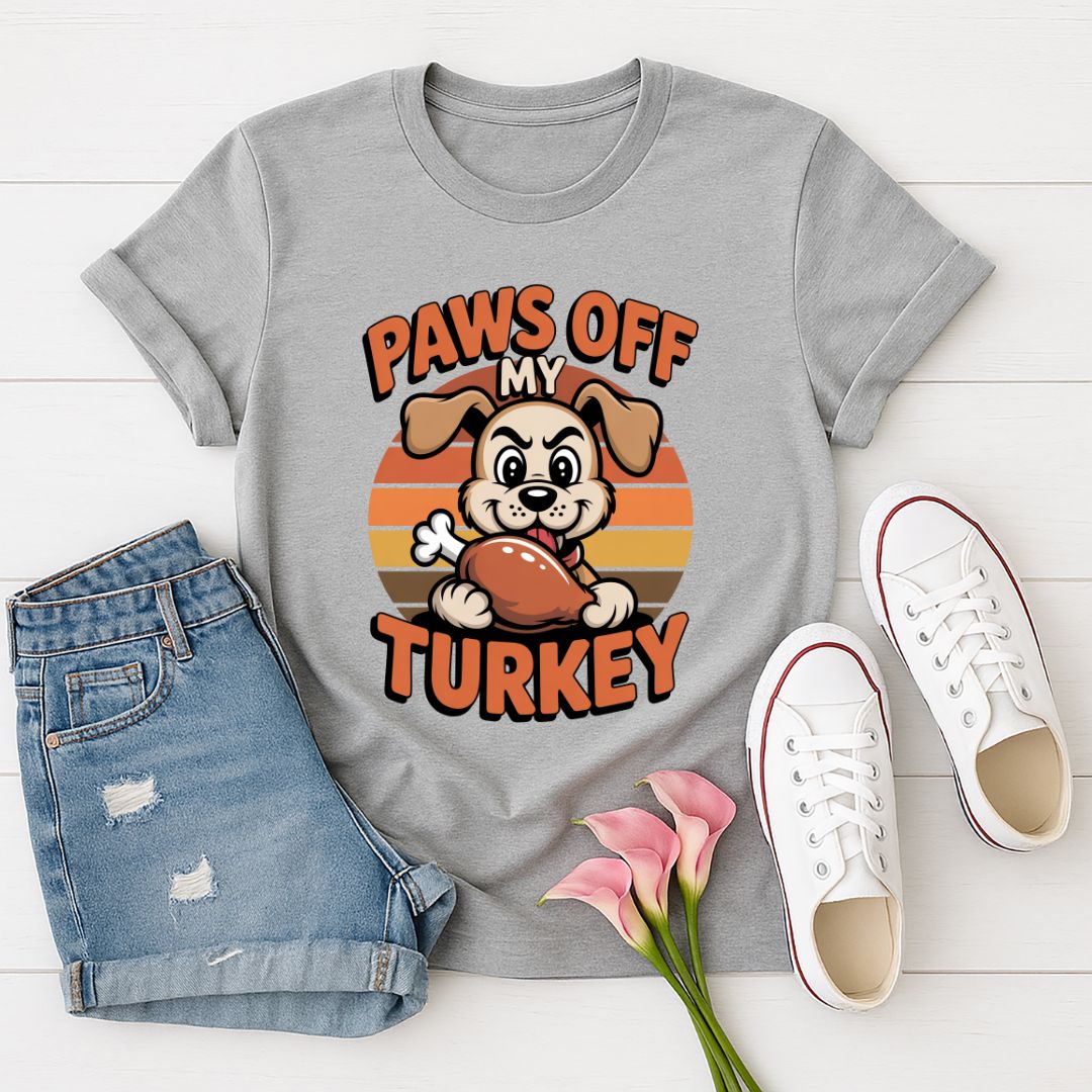 Sport Gray Gildan 6400 unisex t-shirt with retro dog graphic and ‘Paws Off My Turkey’ text, perfect for dog lovers.
