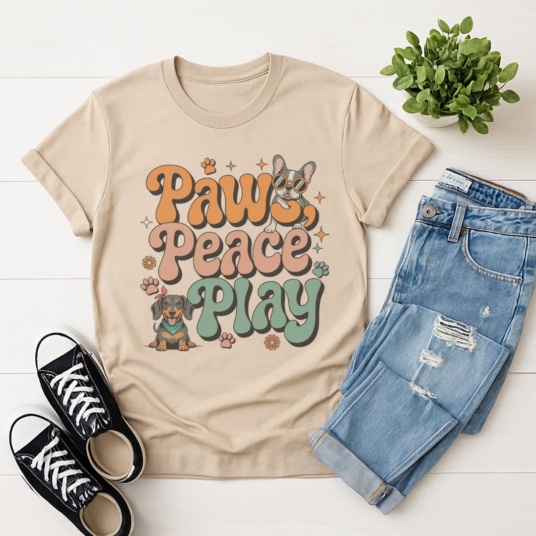 Sand Beige Gildan 6400 unisex t-shirt with retro dog graphic and ‘Paws, Peace, Play' text, perfect for dog lovers.