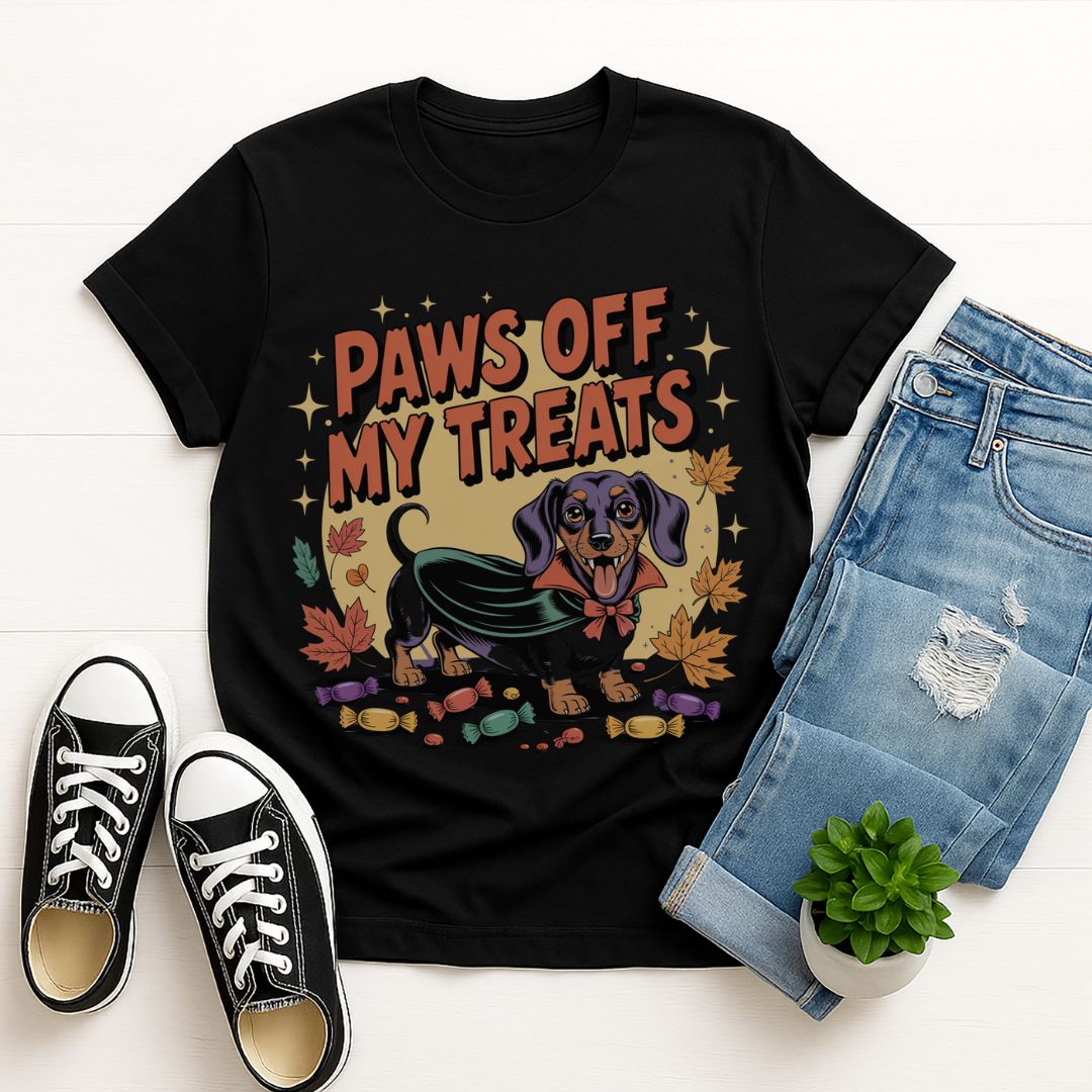 Black Gildan 6400 unisex t-shirt with retro dog graphic and ‘Paws Off My Treats’ text, perfect for dog lovers.