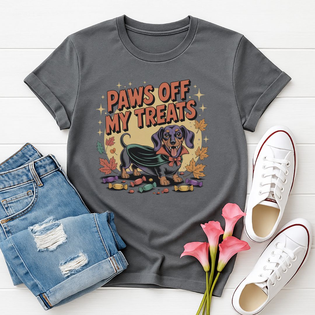 Charcoal Gray Gildan 6400 unisex t-shirt with retro dog graphic and ‘Paws Off My Treats’ text, perfect for dog lovers.