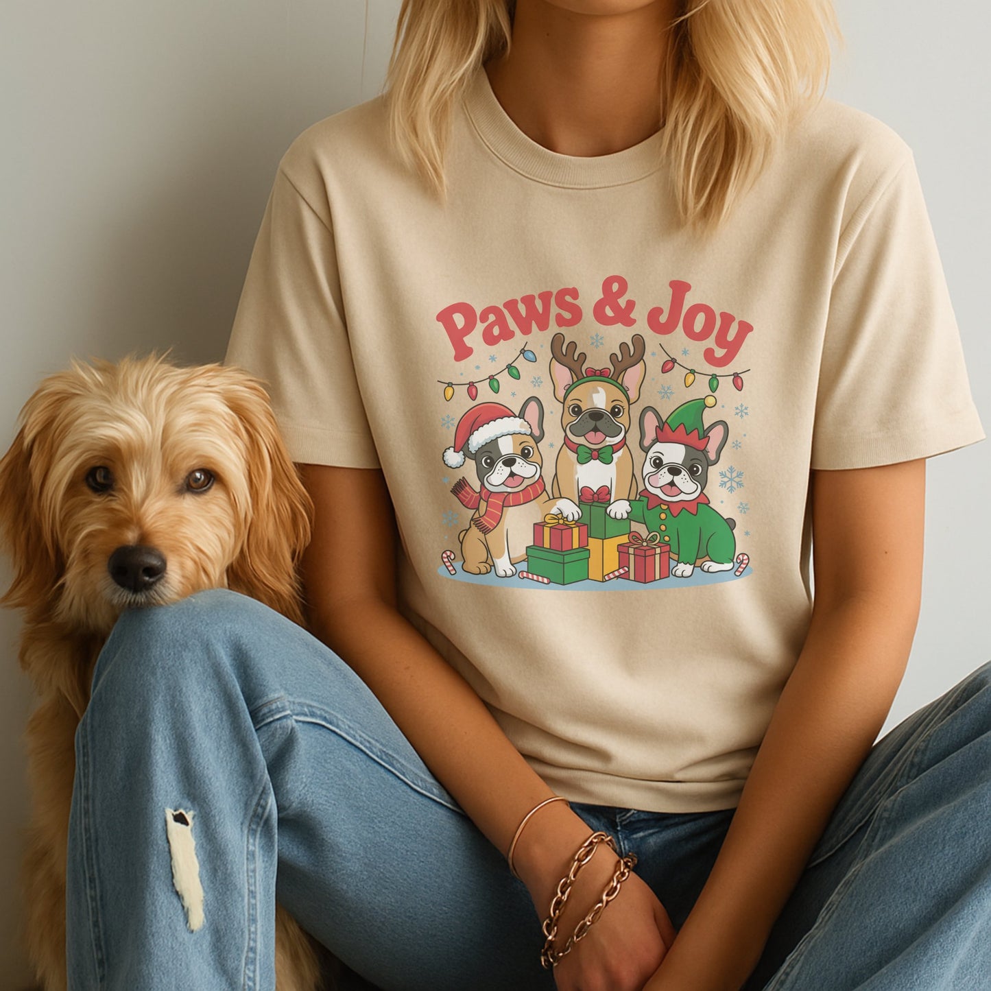 Sand Beige Gildan 6400 unisex t-shirt with retro dog graphic and ‘Paws & Joy’ text, perfect for dog lovers.