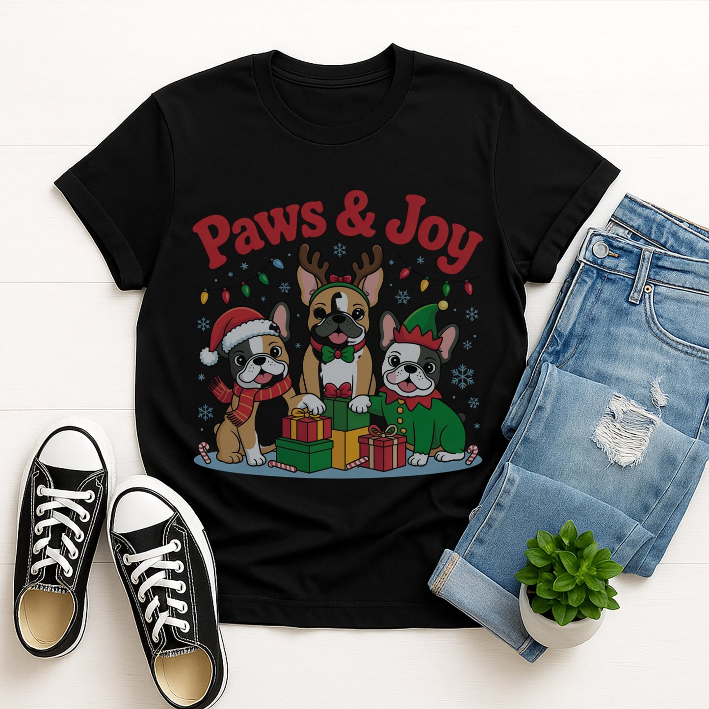 Black Gildan 6400 unisex t-shirt with retro dog graphic and ‘Paws & Joy’ text, perfect for dog lovers.