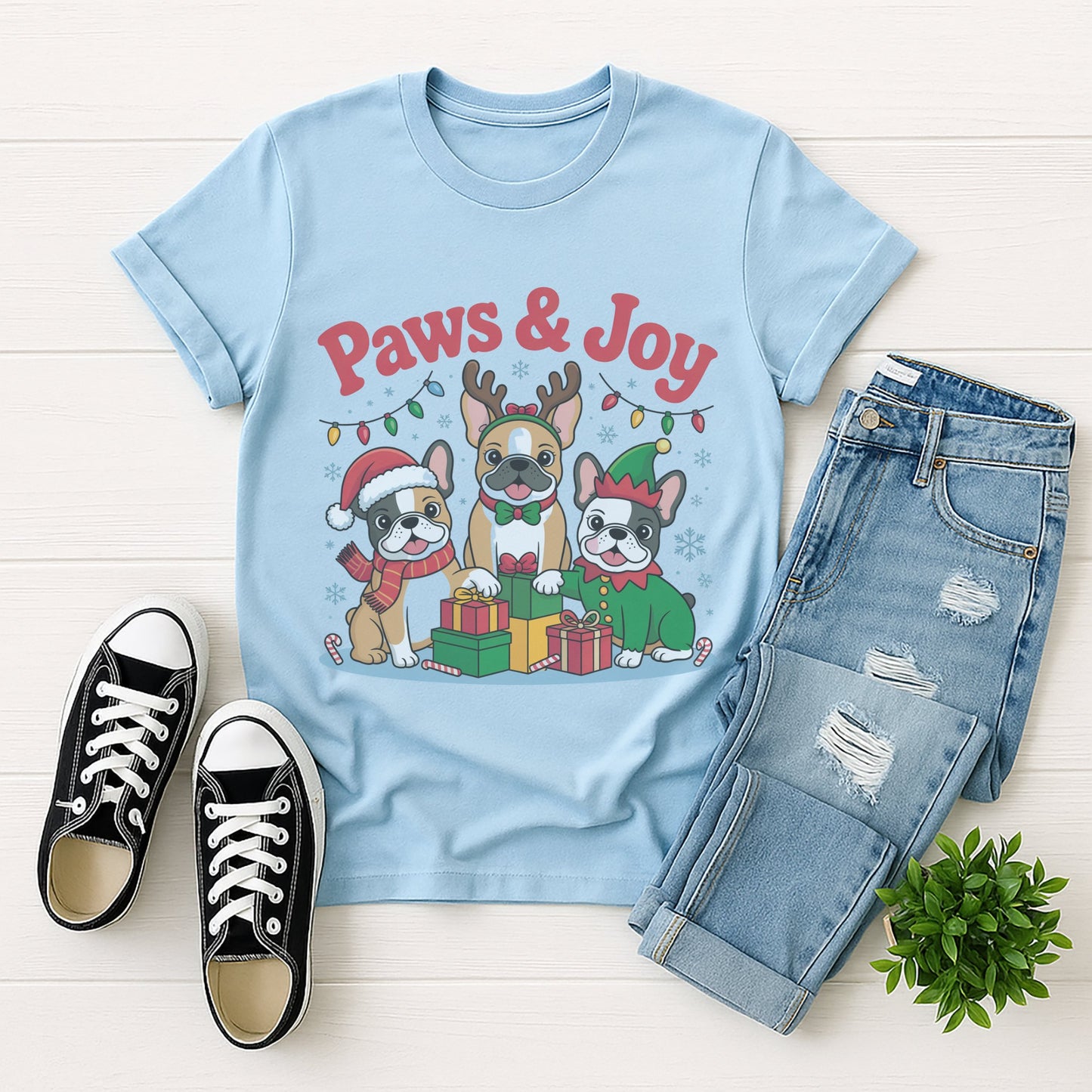 Light Blue Gildan 6400 unisex t-shirt with retro dog graphic and ‘Paws & Joy’ text, perfect for dog lovers.
