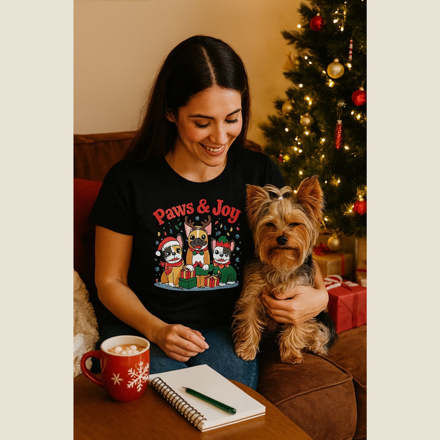 Black unisex t-shirt with retro dog graphic and ‘Paws & Joy’ text, perfect for dog lovers.
