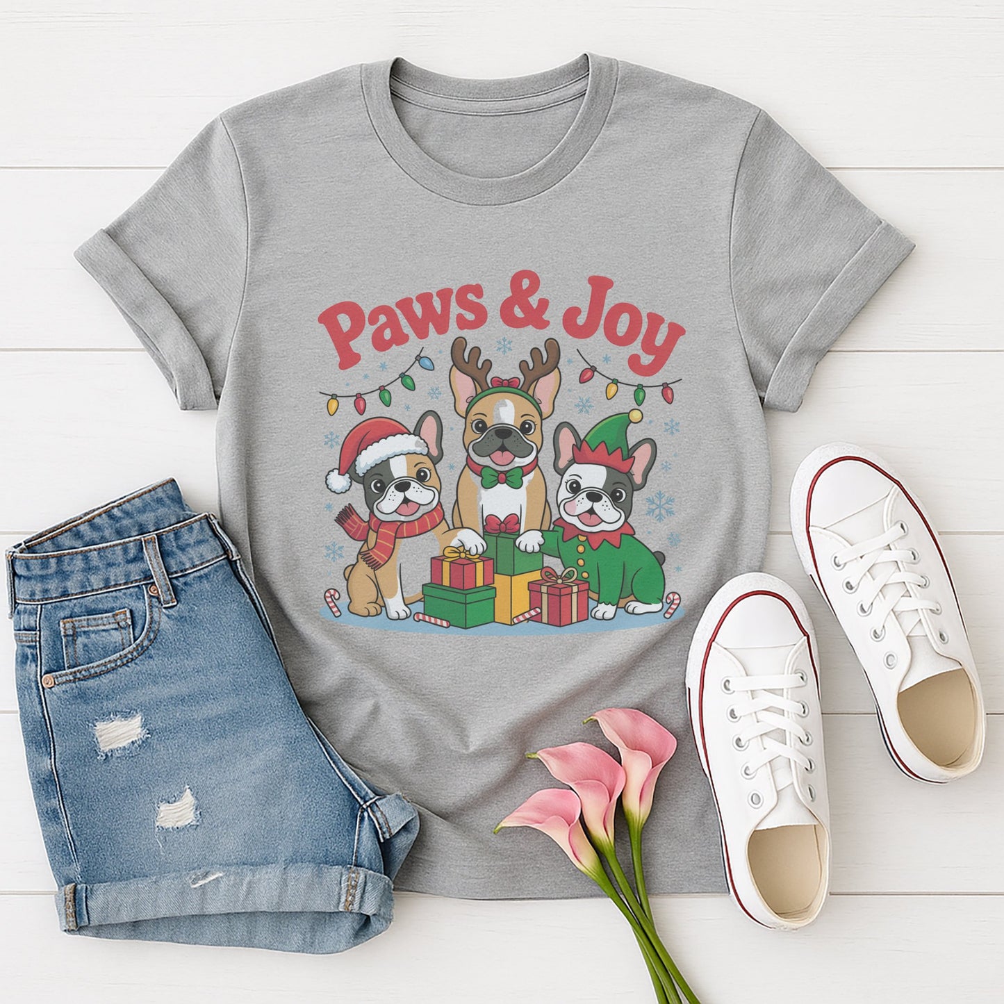 Sport Gray Gildan 6400 unisex t-shirt with retro dog graphic and ‘Paws & Joy’ text, perfect for dog lovers.