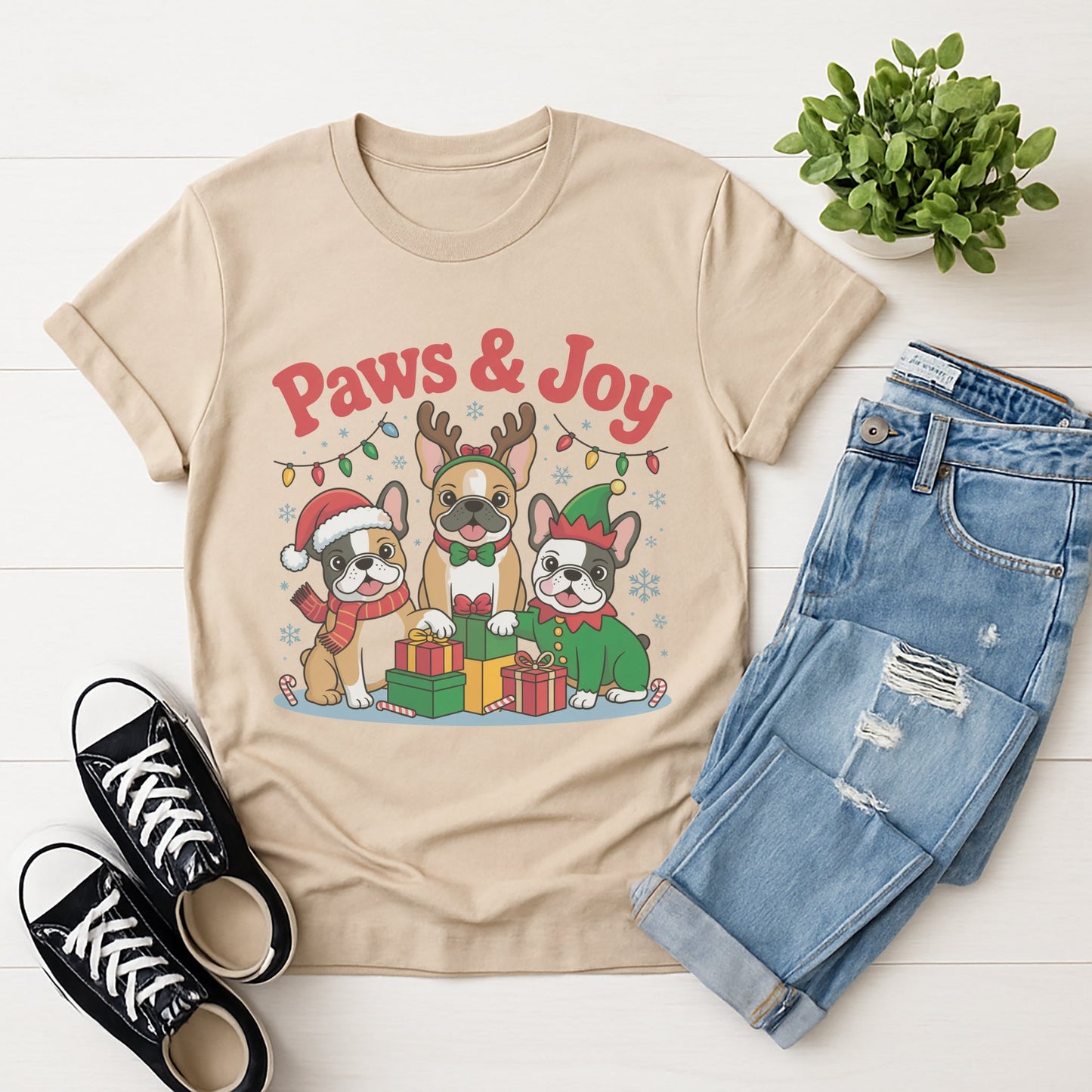 Sand Beige Gildan 6400 unisex t-shirt with retro dog graphic and ‘Paws & Joy’ text, perfect for dog lovers.