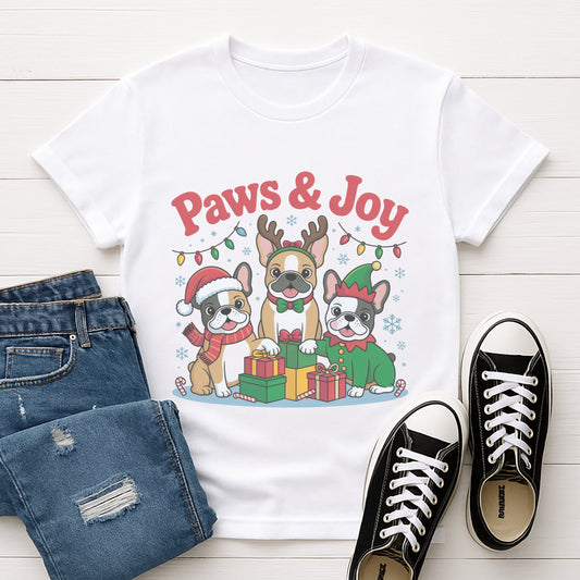 White Gildan 6400 unisex t-shirt with retro dog graphic and ‘Paws & Joy’ text, perfect for dog lovers.