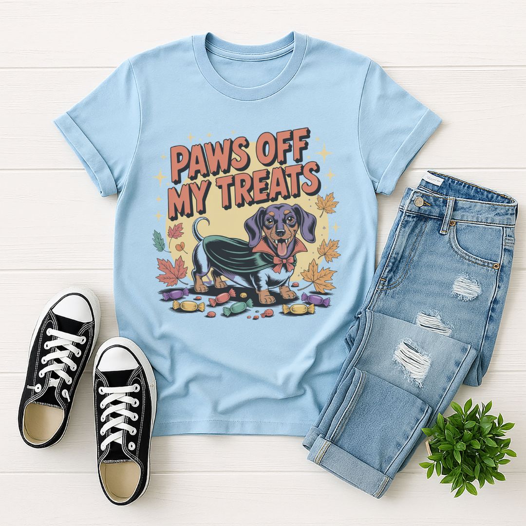 Light blue Gildan 6400 unisex t-shirt with retro dog graphic and ‘Paws Off My Treats’ text, perfect for dog lovers.