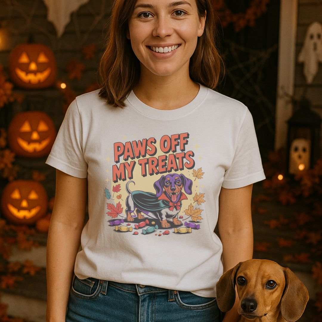 Unisex t-shirt with retro dog graphic and ‘Paws Off My Treats’ text, perfect for dog lovers.