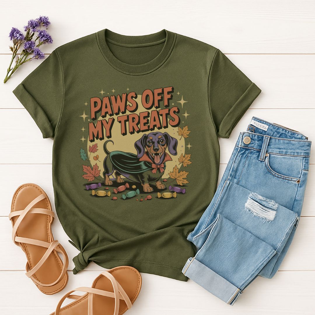 Military Green Gildan 6400 unisex t-shirt with retro dog graphic and ‘Paws Off My Treats’ text, perfect for dog lovers.