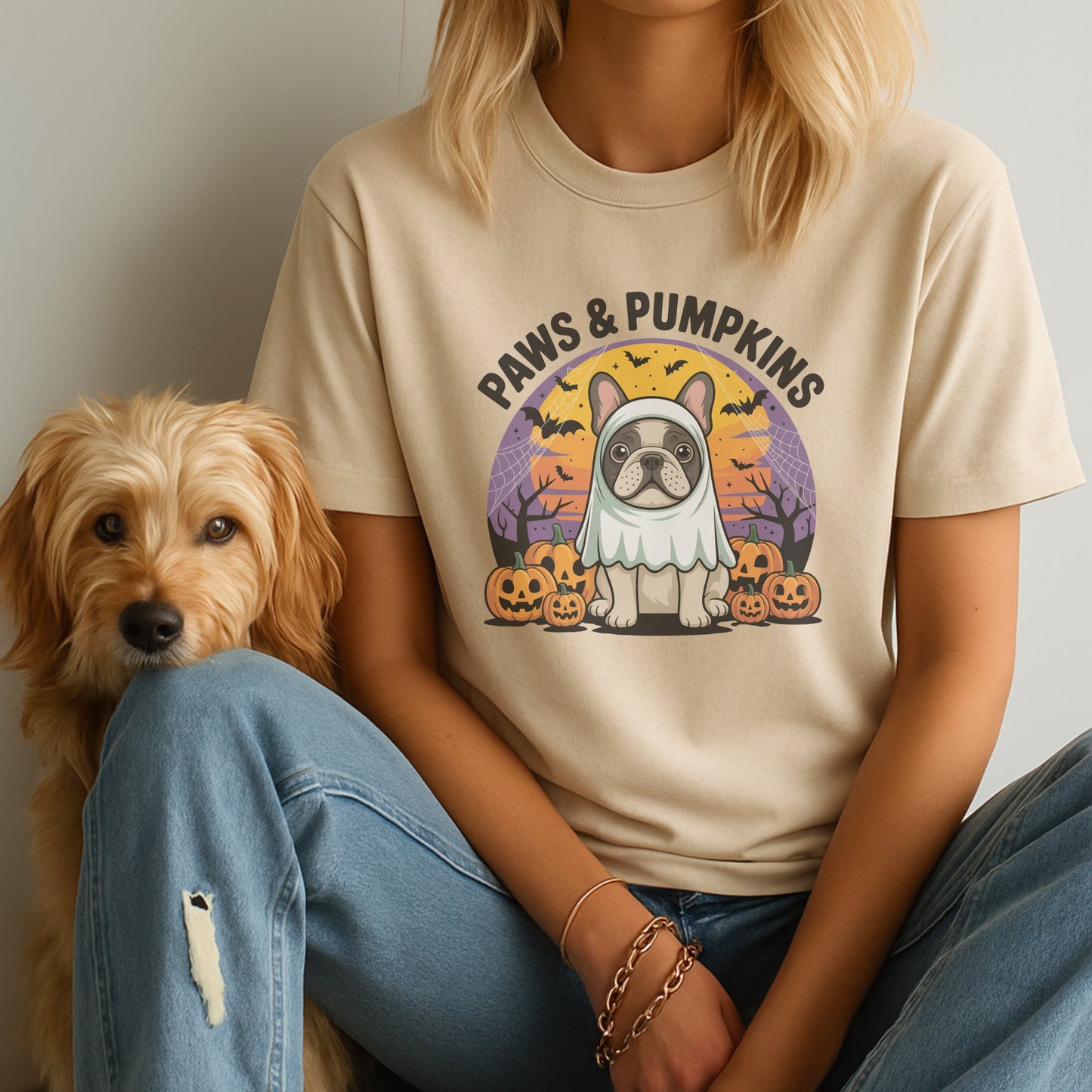 Sand Beige Gildan 6400 unisex t-shirt with retro dog graphic and ‘Paws & Pumpkins.’ text, perfect for dog lovers.