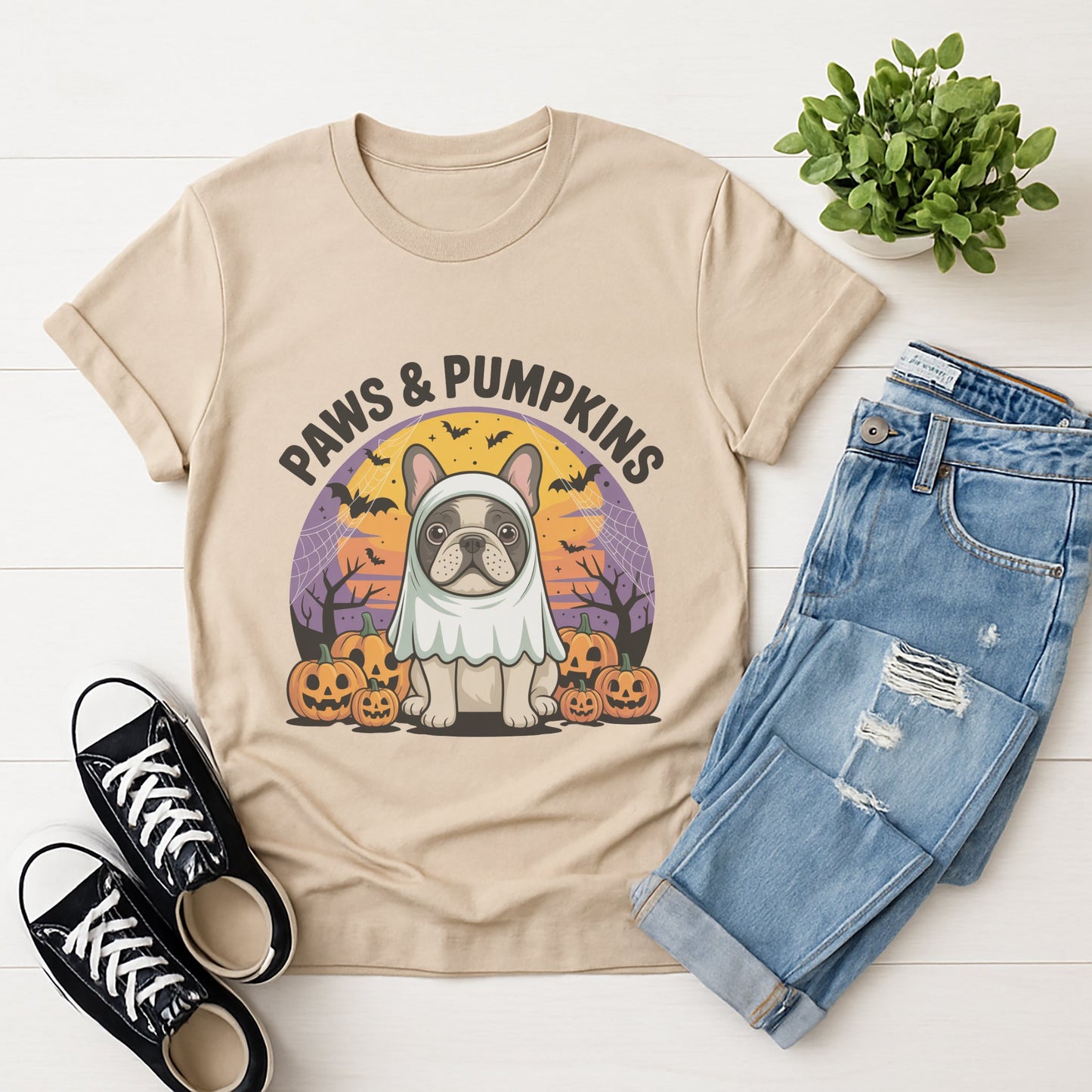 Sand Beige Gildan 6400 unisex t-shirt with retro dog graphic and ‘Paws & Pumpkins.’ text, perfect for dog lovers.
