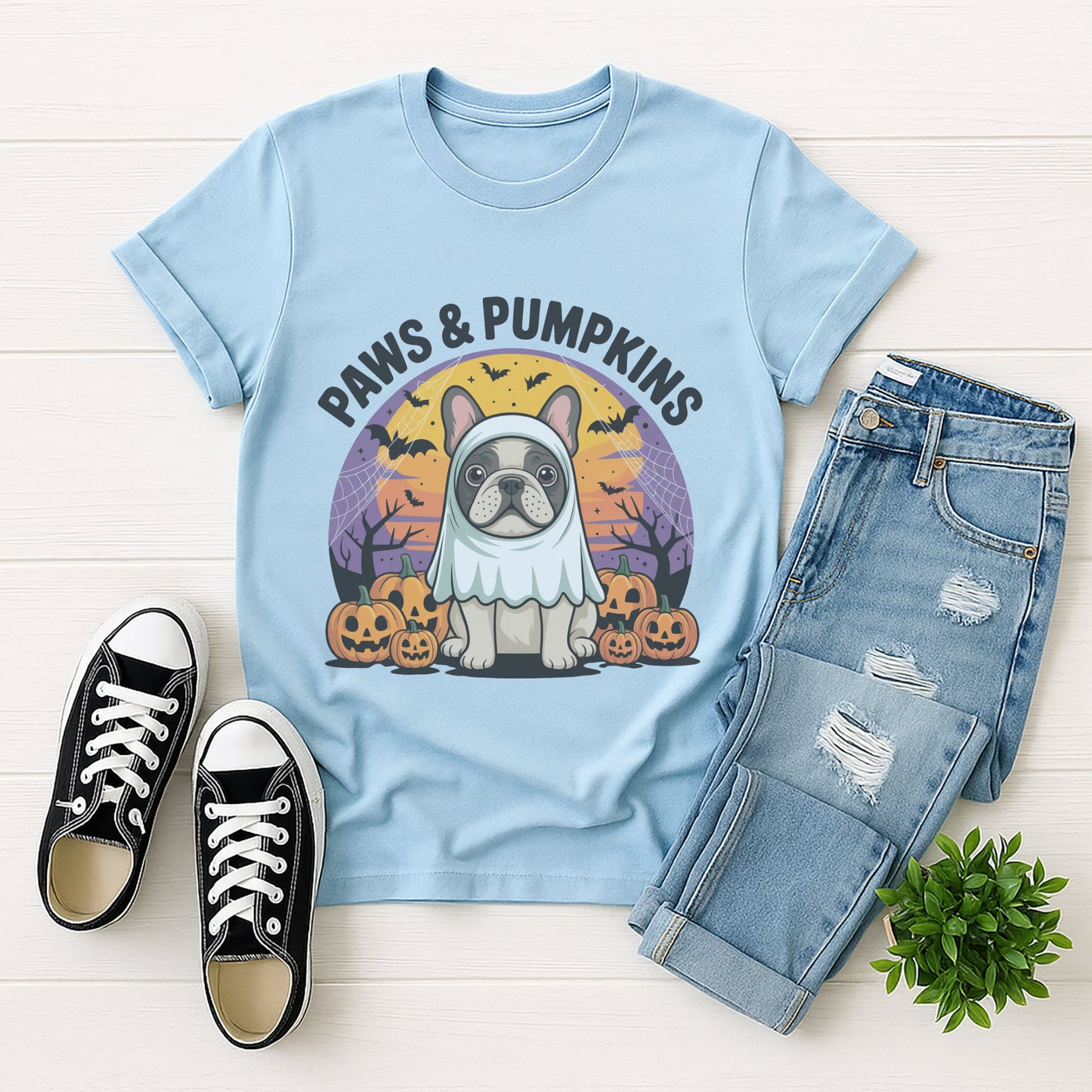 Light blue Gildan 6400 unisex t-shirt with retro dog graphic and ‘Paws & Pumpkins.’ text, perfect for dog lovers.