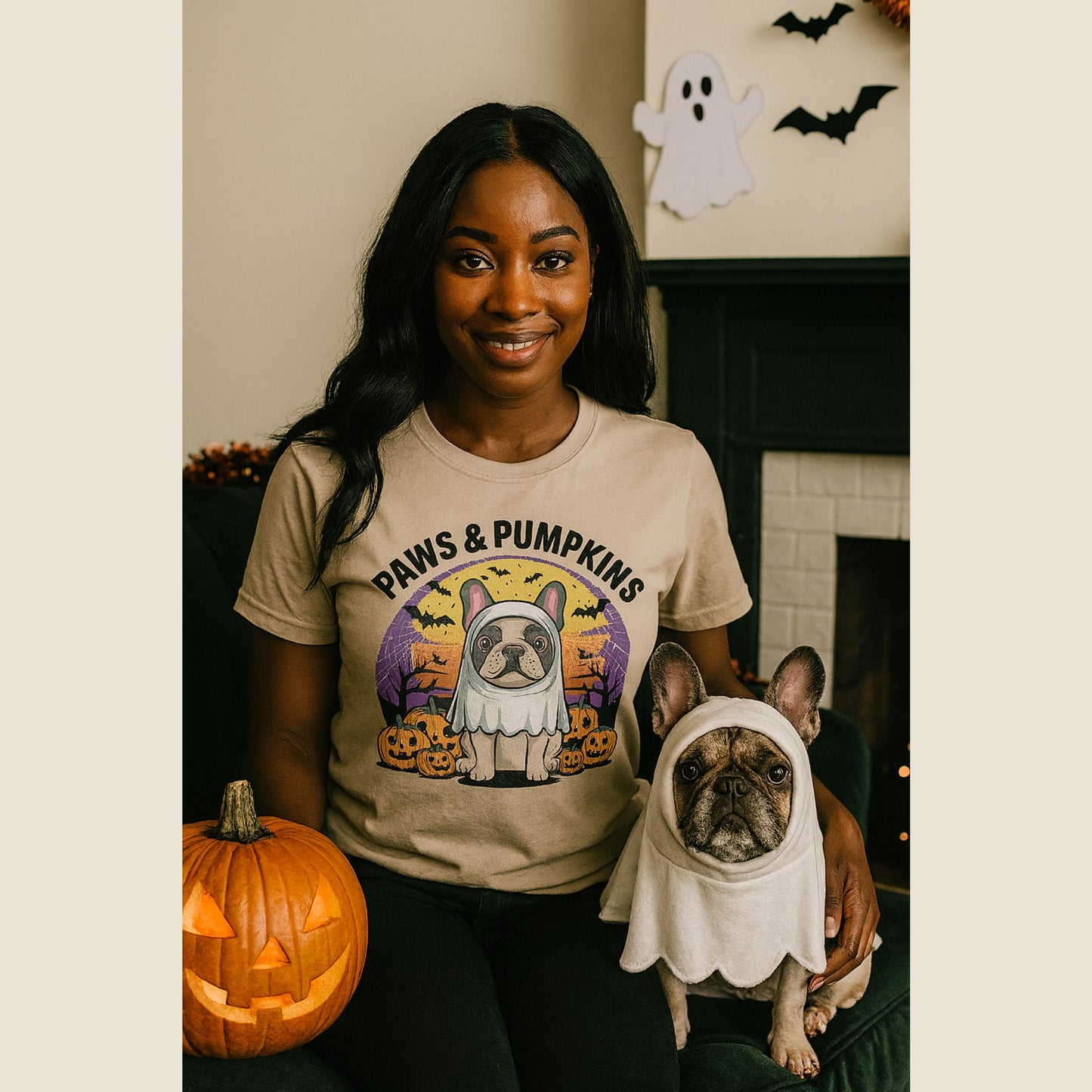 Sand Beige unisex t-shirt with retro dog graphic and ‘Paws & Pumpkins.’ text, perfect for dog lovers.