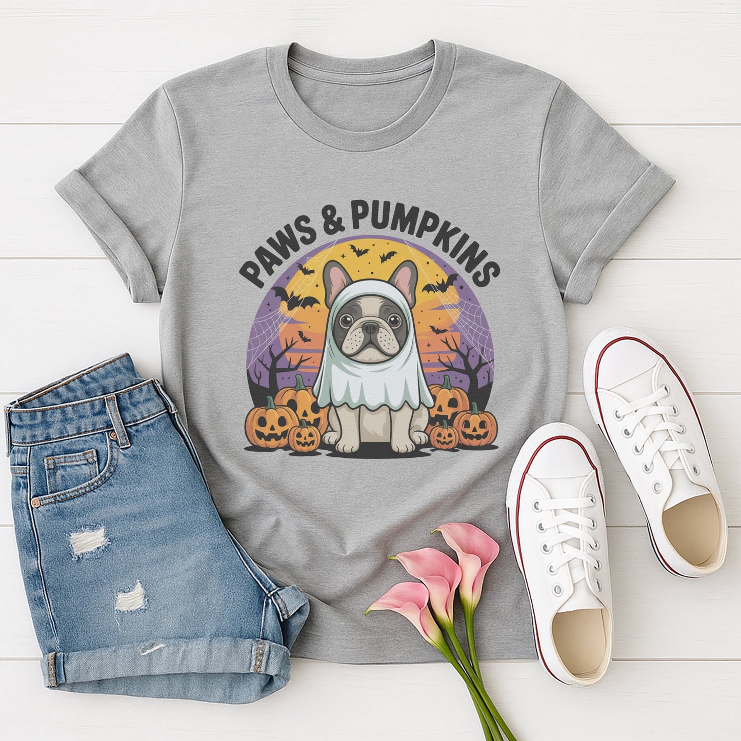 Sport Gray Gildan 6400 unisex t-shirt with retro dog graphic and ‘Paws & Pumpkins.’ text, perfect for dog lovers.