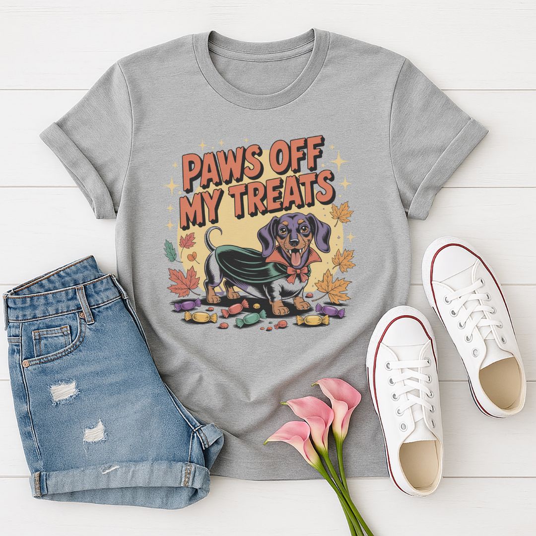 Sport Gray Gildan 6400 unisex t-shirt with retro dog graphic and ‘Paws Off My Treats’ text, perfect for dog lovers.