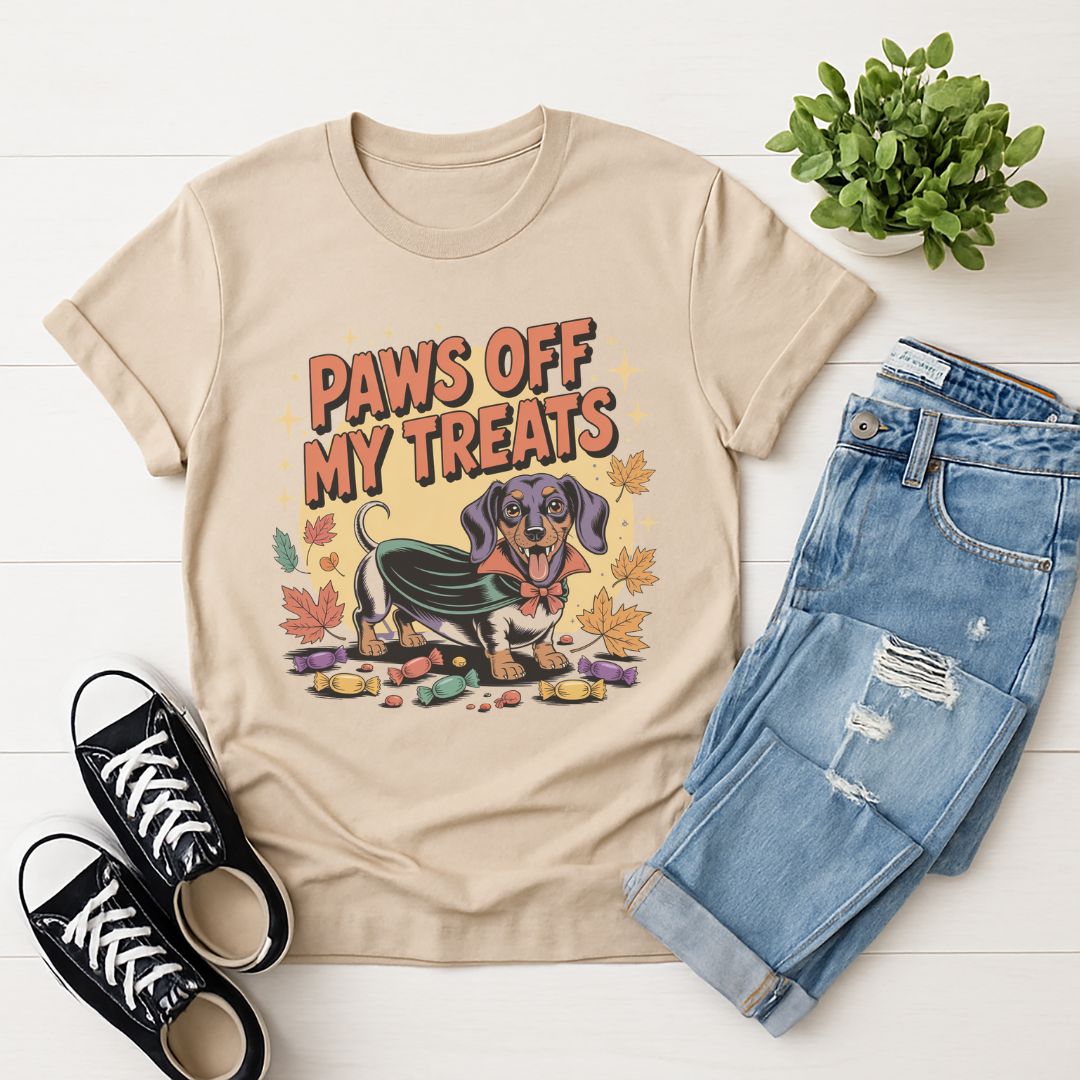 Sand Beige Gildan 6400 unisex t-shirt with retro dog graphic and ‘Paws Off My Treats’ text, perfect for dog lovers.