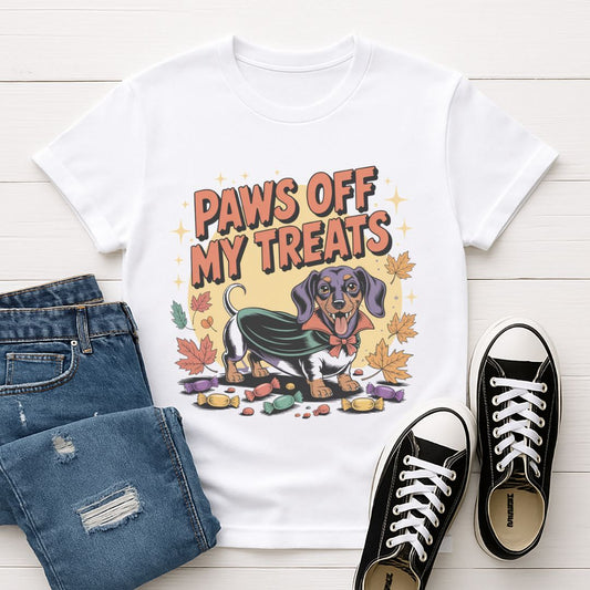 White Gildan 6400 unisex t-shirt with retro dog graphic and ‘Paws Off My Treats’ text, perfect for dog lovers.
