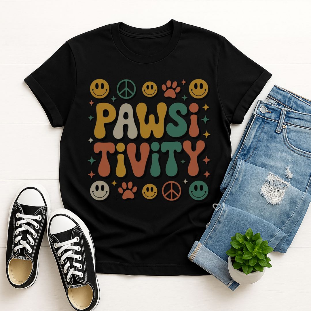 Black Gildan 6400 unisex t-shirt with retro dog graphic and ‘Pawsitivity' text, perfect for dog lovers.