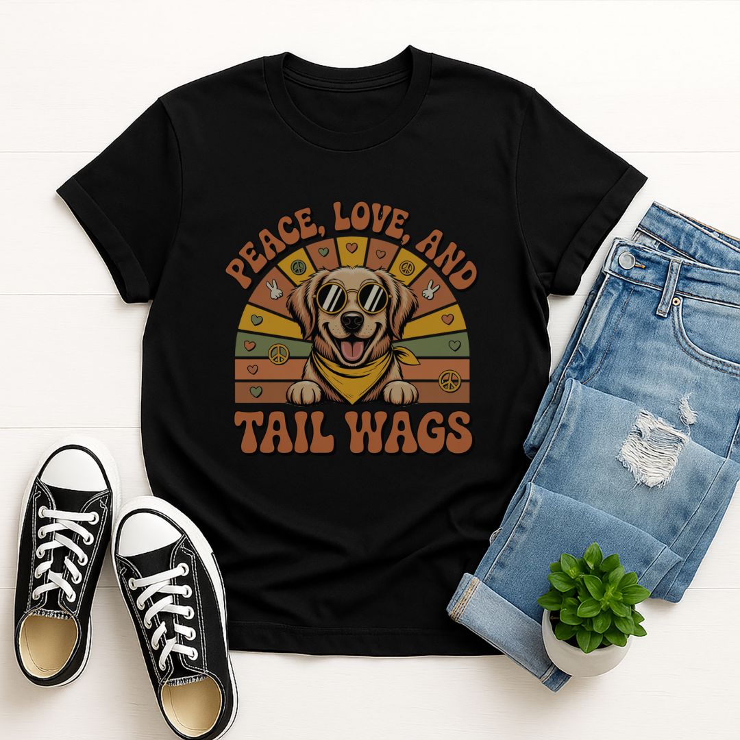 Black Gildan 6400 unisex t-shirt with retro dog graphic and ‘Peace, Love And Tail Wags’ text, perfect for dog lovers.