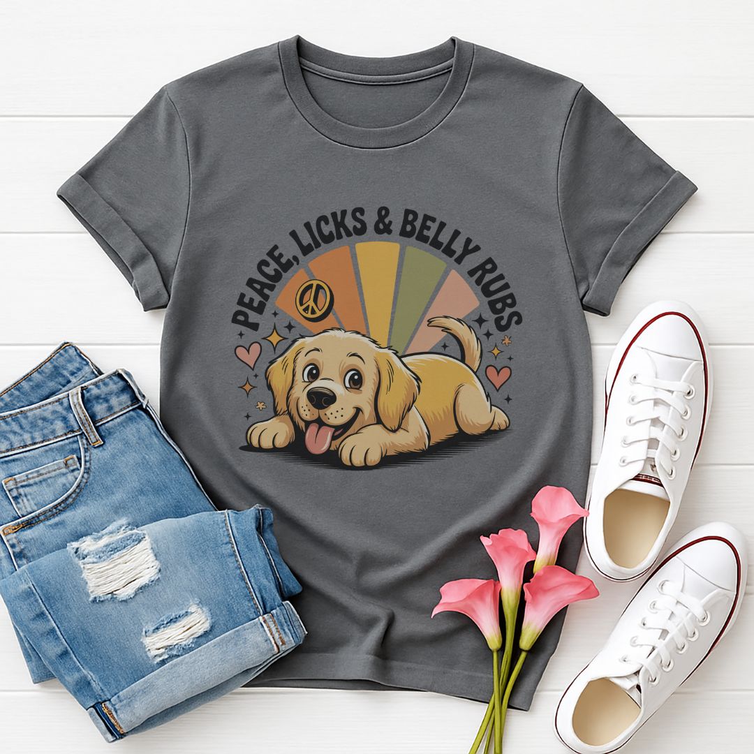 Charcoal Gildan 6400 unisex t-shirt with retro dog graphic and ‘Peace, Licks & Belly Rubs’ text, perfect for dog lovers.