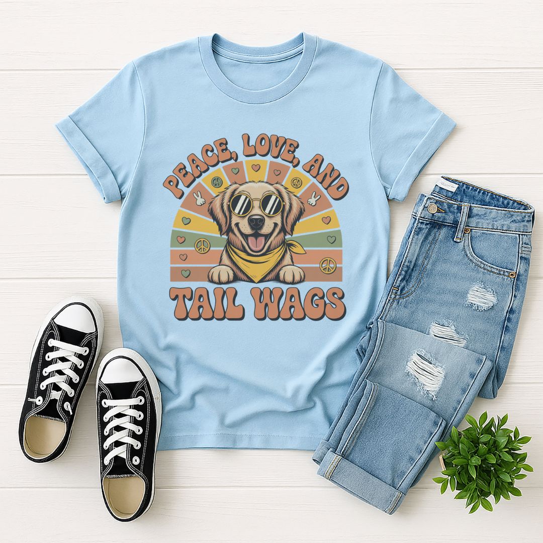 Light Blue Gildan 6400 unisex t-shirt with retro dog graphic and ‘Peace, Love And Tail Wags’ text, perfect for dog lovers.