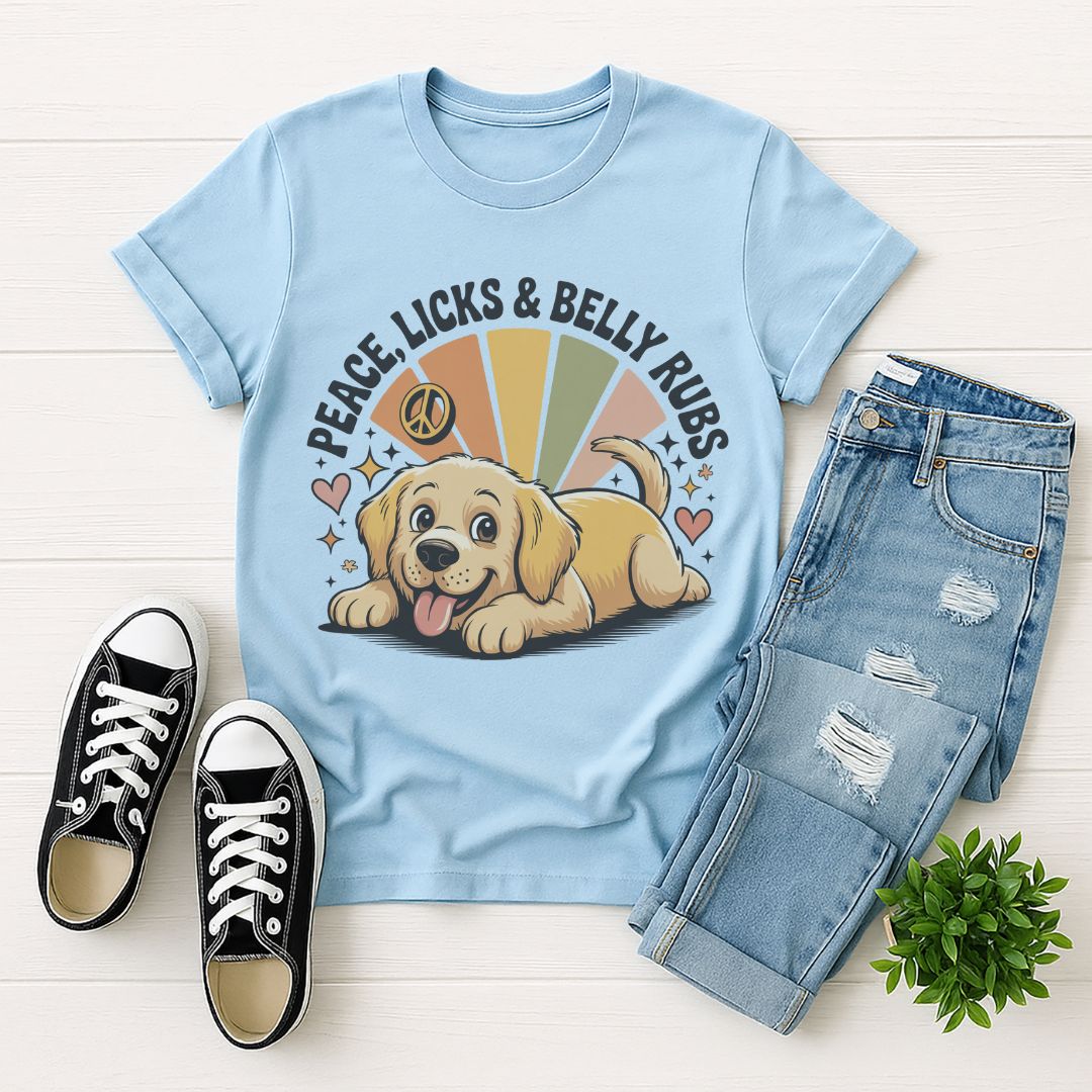 Light Blue Gildan 6400 unisex t-shirt with retro dog graphic and ‘Peace, Licks & Belly Rubs’ text, perfect for dog lovers.